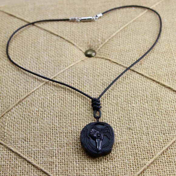 Obsidian Viking Raven Necklace with Genuine Hand Knotted Soft Black Leather Cord - Picture 3 of 10